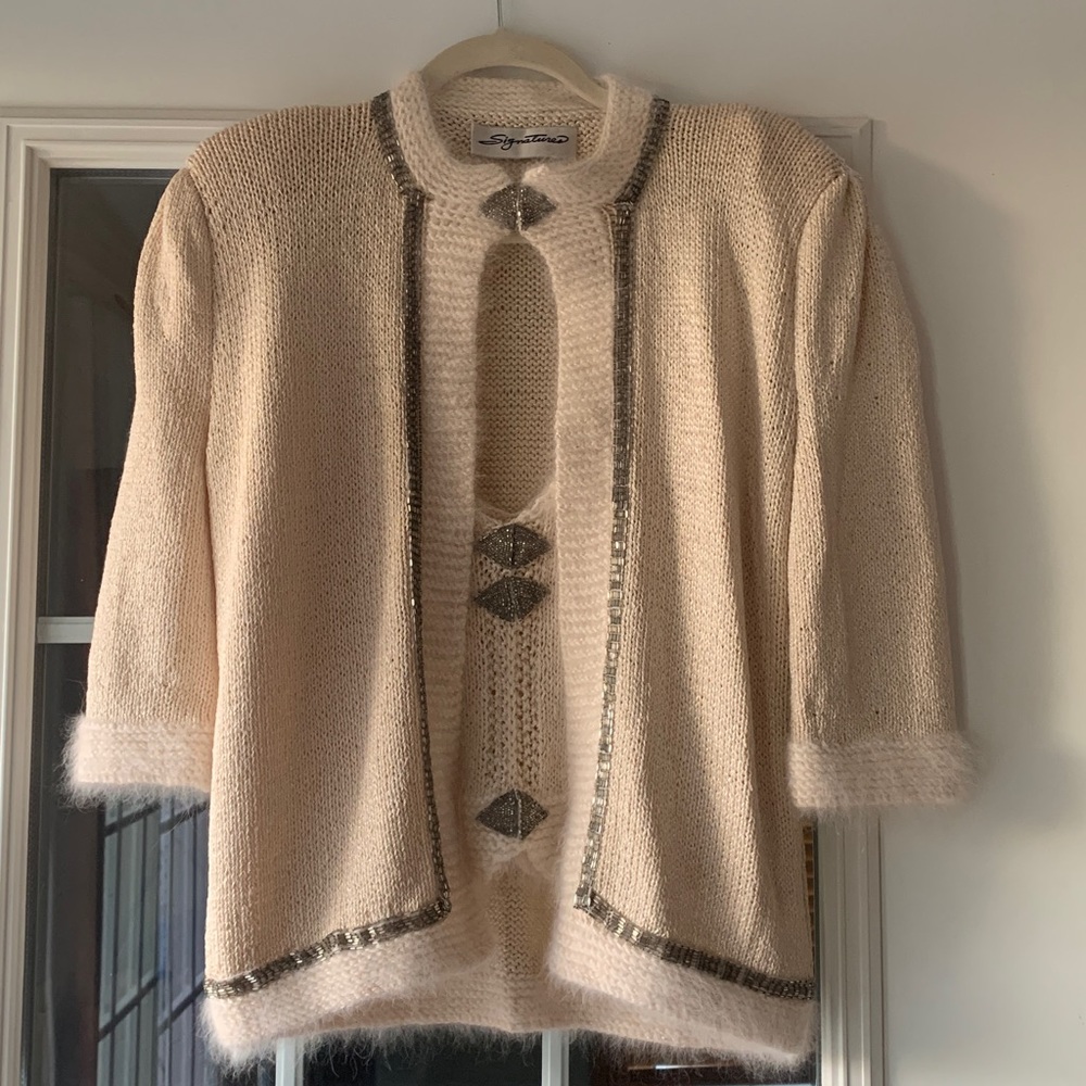 Luxurious Vintage Sweater Set with Silver Metal Beading, Sz M